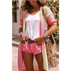 Pink Ribbed Short Sleeve Ombre Eyelet Knitted Cardigan