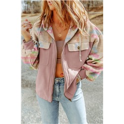 Light Pink Aztec Patch Drawstring Hooded Zip Up Jacket