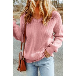 Pink V Neck Drop Shoulder Knitted Sweater