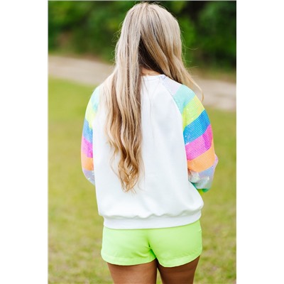 White Sequin Color Block Raglan Sleeve Pullover Sweatshirt