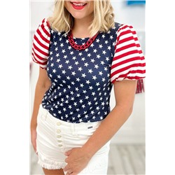 Navy Blue 4th Of July Stars Stripes Puff Sleeve T Shirt