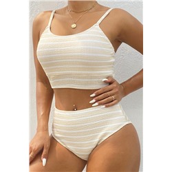 White Stripe Textured Adjustable Straps Bikini Swimsuit
