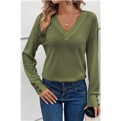 Jungle Green Textured Knit V Neck Button Cuffs Long Sleeve Top