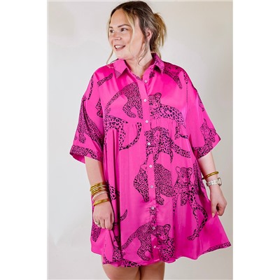 Rose Cheetah Print Half Sleeve Buttoned Plus Size Mini Dress