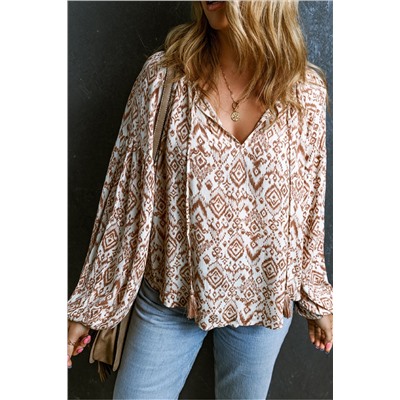 Apricot Western Print Balloon Sleeve Tassel Blouse