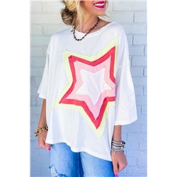 White Colorblock Star Patched Half Sleeve Oversized Tee