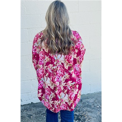 Red Floral Print Short Sleeve Plus Size Blouse