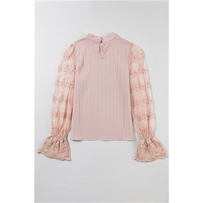 Apricot Pink Contrast Lace Sleeve Mock Neck Textured Blouse