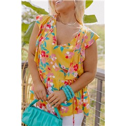 Yellow Plus Size Ruffle Trim Tie Neck Floral Peplum Tank Top