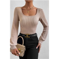 Khaki Square Neck Bubble Sleeve Textured Knit Top