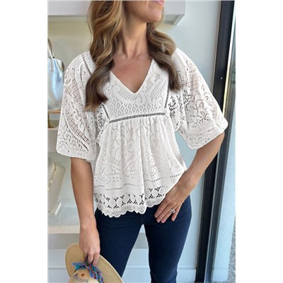 White Lace Crochet Hollowed Scallop Hem V Neck Blouse