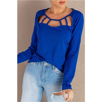 Blue Solid Cut-out Long Sleeve Top