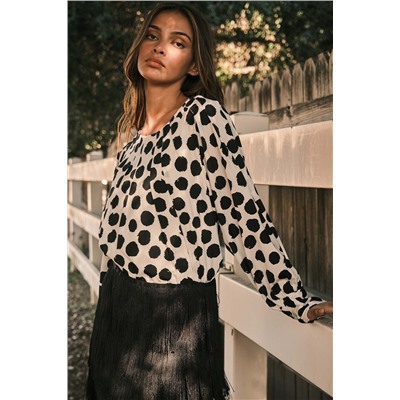 Black Polka Dot Print Buttoned Sleeve Pleat Blouse