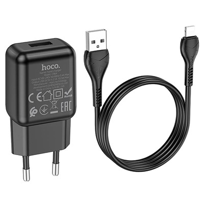 Адаптер Сетевой с кабелем Hoco C96A USB 2,1A/10W (USB/Lightning) (black)