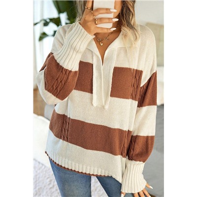 Stripes Collared Neck Corded Sweater