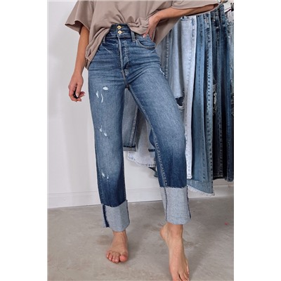 Blue High Waist Distressed Straight Leg Jeans