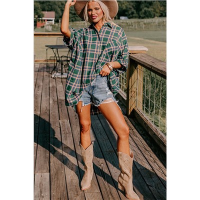 Green Oversized Plaid Half Sleeve Tunic Shirt