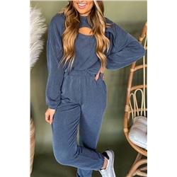 Blue Hollow-out Ribbed Hoodie Pants Casual 2pcs Outfit