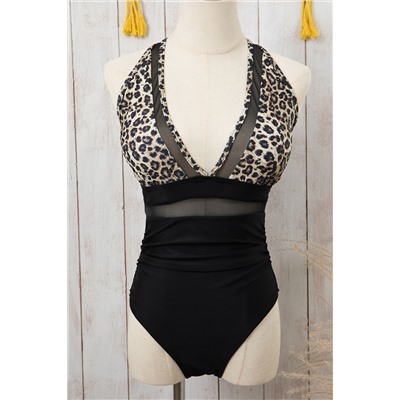 Brown Leopard Mesh Insert V Neck High Waist Monokini