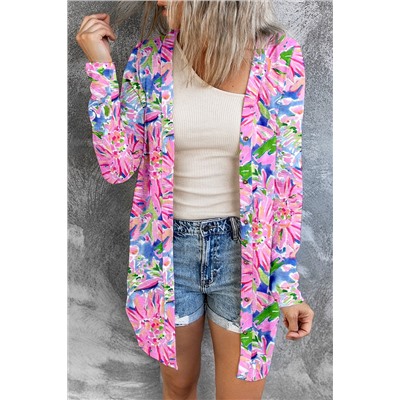 Pink Flower Print Long Sleeve Button Up Cardigan