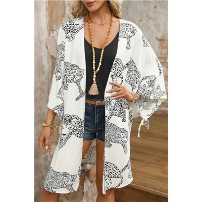 White Cheetah Print Loose Fit Open Front Kimono