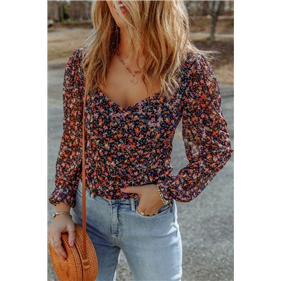 Black  V Neck Bubble Sleeve Floral Blouse