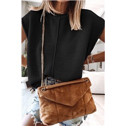 Black Solid Color Cap Sleeve Knitted Sweater
