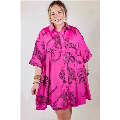 Rose Cheetah Print Half Sleeve Buttoned Plus Size Mini Dress