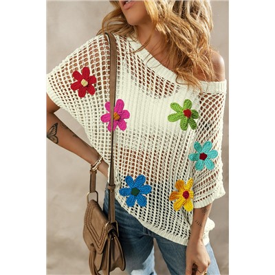 White Crochet Flower Hollow-out Sweater T Shirt