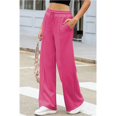 Rose Red Terry Knit Drawstring Smocked Waist Wide Leg Sweatpants