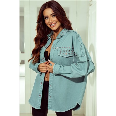 Mist Green Frayed Trim Riveted Denim Jacket