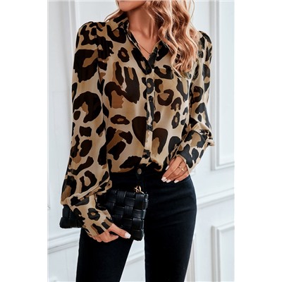 Leopard Bishop Sleeve Button up Turn Down Collar Shirt