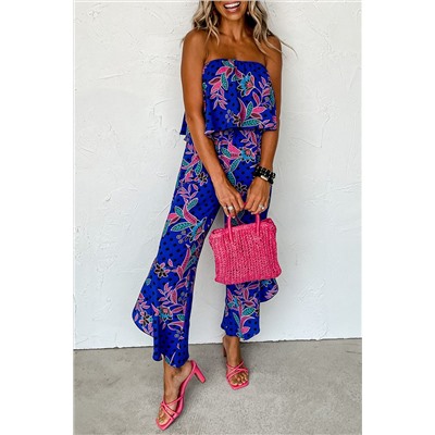 Blue Mix Tropical Print Strapless Ruffled Jumpsuit