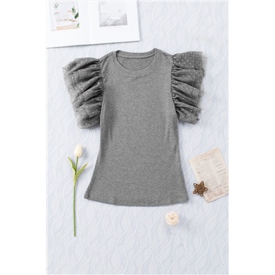 Gray Dotty Mesh Ruffle Sleeve Ribbed Knit Top