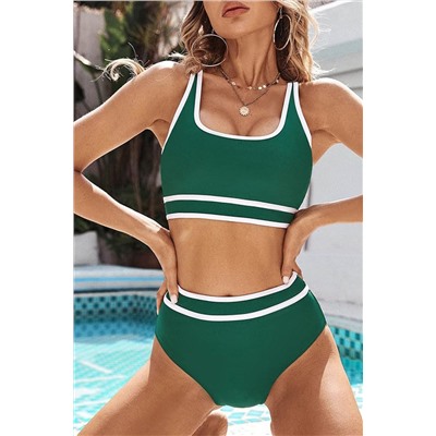 Dark Green Contrast Trimmed U Neck High Waist Bikini