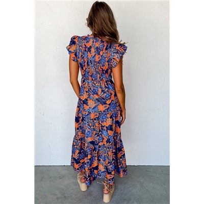 Dark Blue Boho Floral V Neck Ruffle Tiered Long Dress