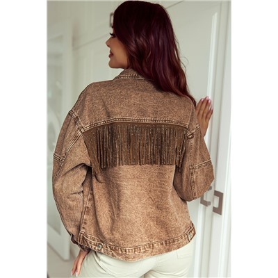 Brown Rhinestone Fringed Cowgirl Fashion Denim Jacket