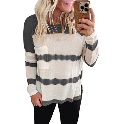 Gray Tie Dye Striped Loose Knitted Long Sleeve Top with Slits