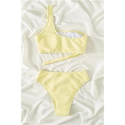 Yellow Cream Wavy Textured Asymmetrical One Shoulder Bikini