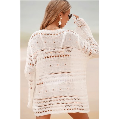 White Lace-up V Neck Hollow Out Knitted Long Sleeve Cover Up