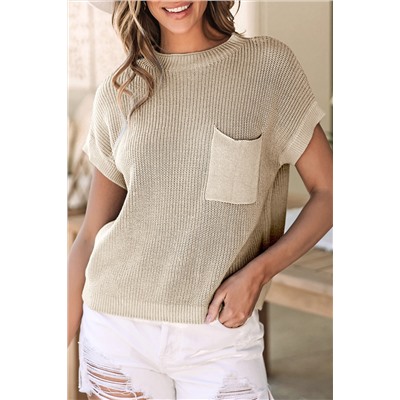 Pale Khaki Patch Pocket Short Sleeve Sweater