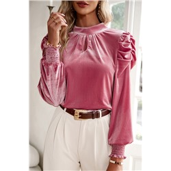 Peach Blossom Fiery Mock Neck Puff Sleeve Velvet Blouse