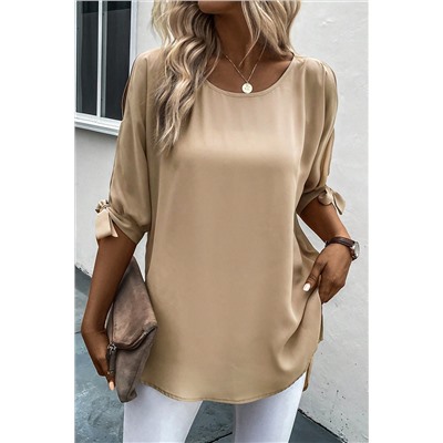 Parchment Knotted Slits Half Sleeve Tunic Blouse