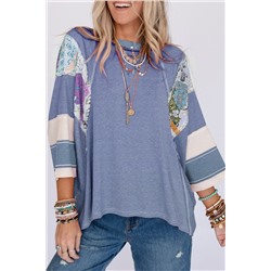 Sky Blue Printed Pinstriped Color Block Patchwork Oversized Top