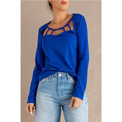 Blue Solid Cut-out Long Sleeve Top