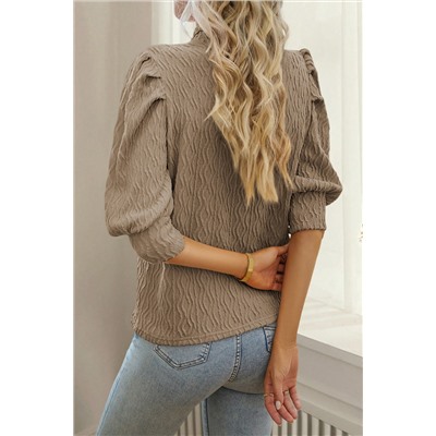 Simply Taupe Vintage Textured Puff Sleeve Mock Neck Top