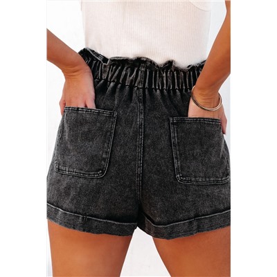 Black Vintage Washed Frilled High Waist Denim Shorts