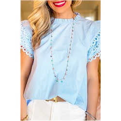 Beau Blue Layered Ric Rac Cap Sleeve Filled Neck Blouse