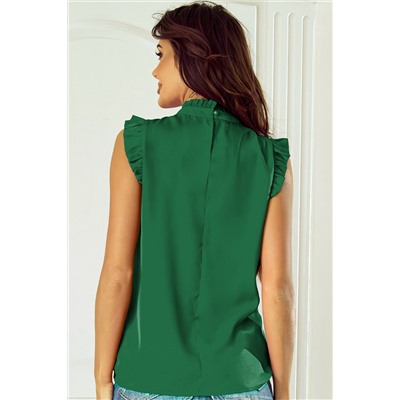 Bright Green Pleated Mock Neck Frilled Trim Sleeveless Top