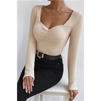 Apricot Square Neck Ruched Textured Knit Top